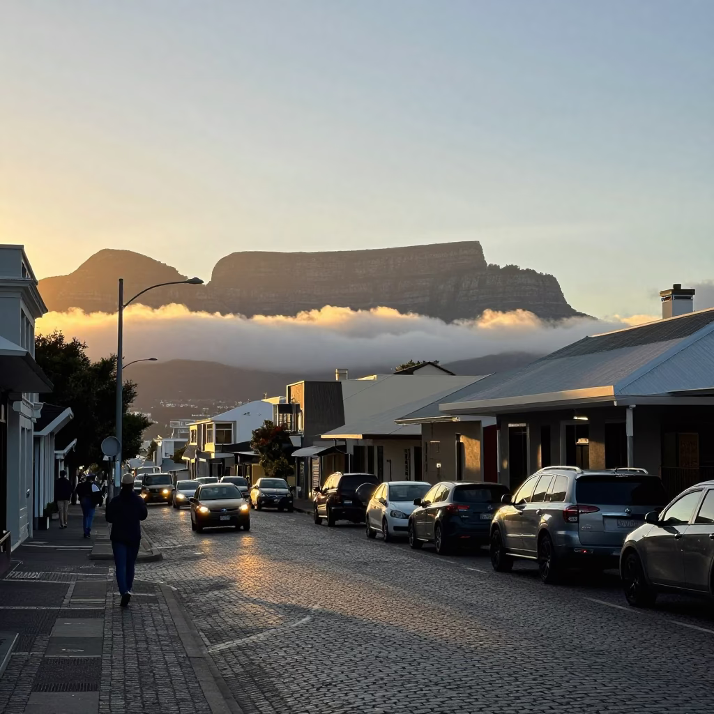 Cape Town Dawn Street Scene with Table Mountain Clouds and Local Market Activity in in Cape Town, South Africa