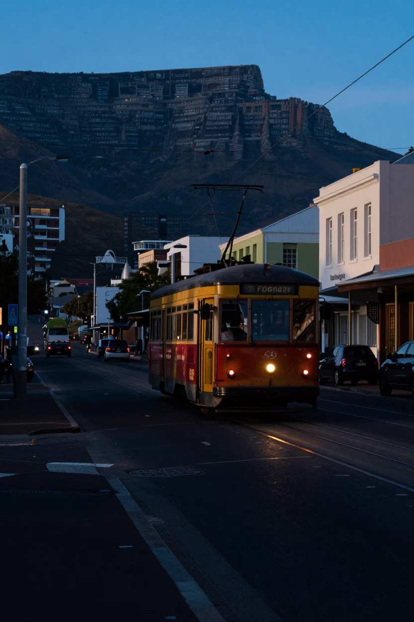Cape Town Dawn Street Scene with Tramcar and Urban Shadows in in Cape Town, South Africa