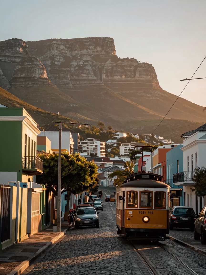 Cape Town Dawn Street Scene with Vintage Tramway Gondola Above Morning Fog in in Cape Town, South Africa