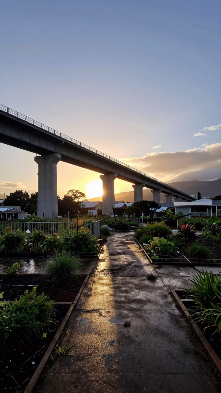 Cape Town Dawn Viaduct Shadow Over Allotment Gardens After Rain in in Cape Town, South Africa