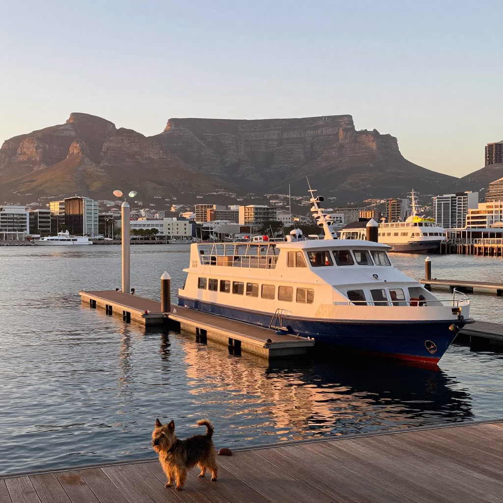 Cape Town Dawn Water Taxi Dock with Cairn Terrier and Muddy Canal Edge in in Cape Town, South Africa