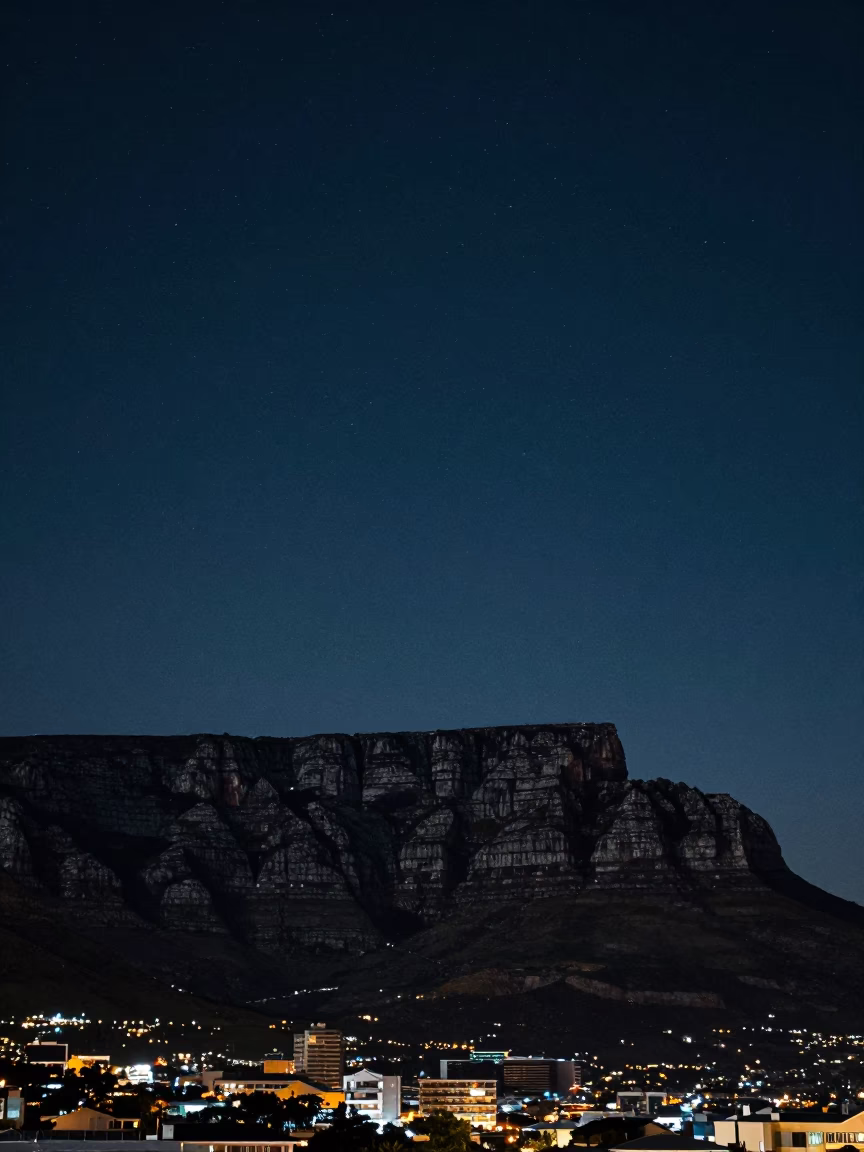 Cape Town Deep Night Sky with Table Mountain Silhouette and Urban Street Scene in in Cape Town, South Africa
