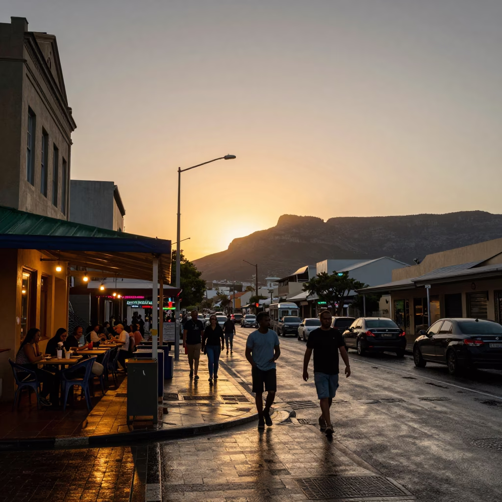 Cape Town Dusk Street Scene with Local Dining and Urban Architecture in in Cape Town, South Africa