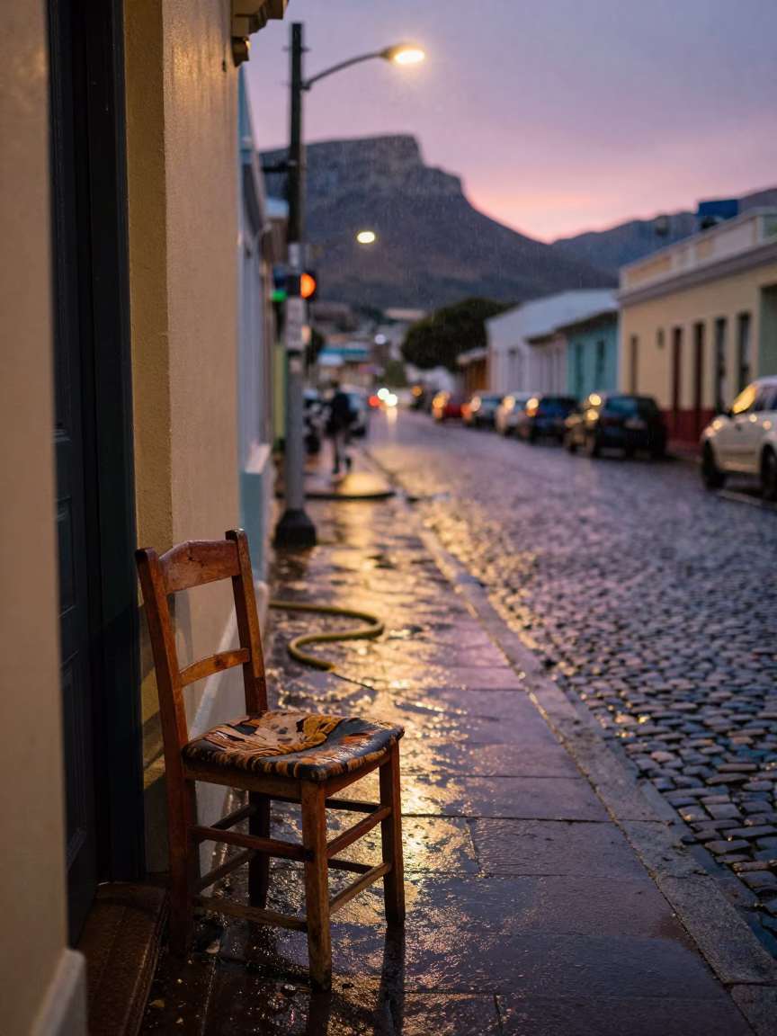 Cape Town Dusk Street Scene with Worn Chair and Hose Nozzle in in Cape Town, South Africa