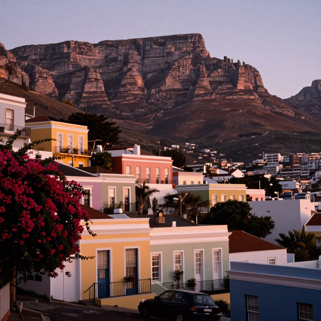 Cape Town Dusk View Over Bo-Kaap Houses and Bougainvillea Flowers in in Cape Town, South Africa