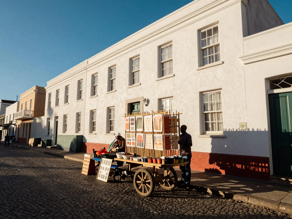 Cape Town Early Afternoon Street Scene with Local Market Goods and Linen Details in in Cape Town, South Africa