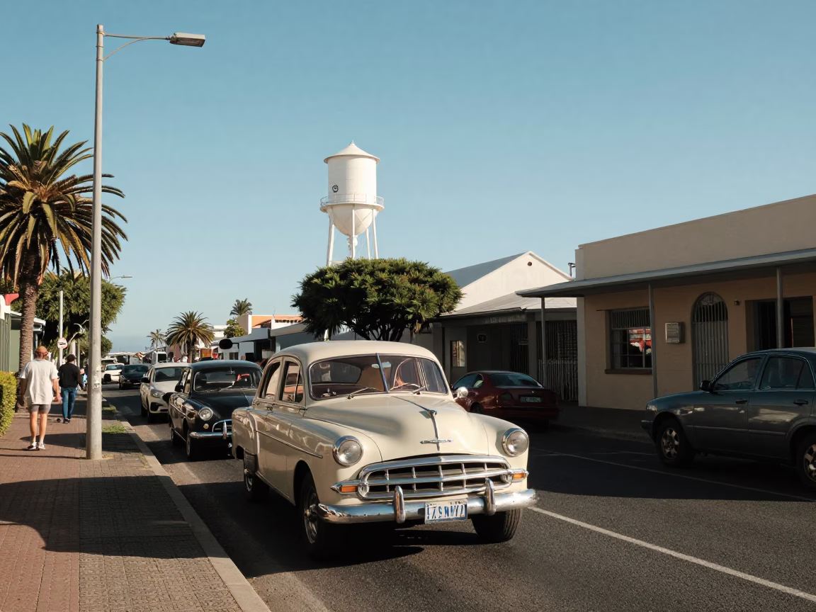 Cape Town early afternoon street scene with vintage cars and water tower in in Cape Town, South Africa
