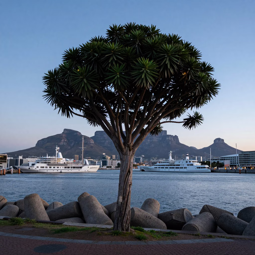 Cape Town Early Evening Harbor Breakwater and Euphorbia Candelabra Tree in in Cape Town, South Africa