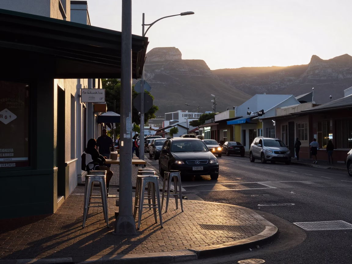 Cape Town Early Evening Street Scene with Bar Stools and Local Life in in Cape Town, South Africa