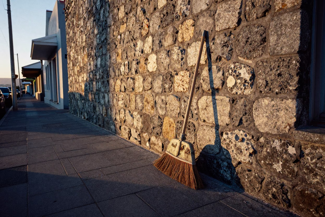 Cape Town Early Evening Street Scene with Broom and Iron Hook Near Table Mountain in in Cape Town, South Africa