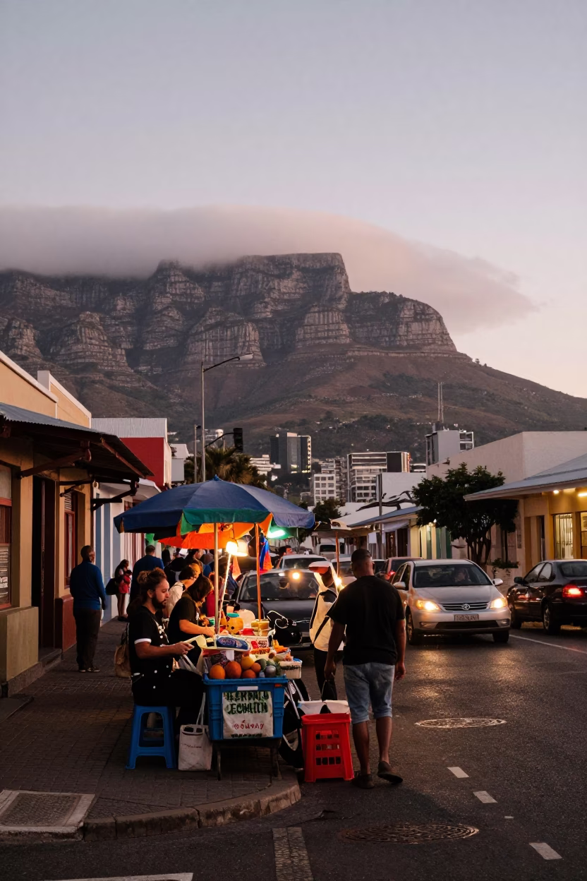 Cape Town Early Evening Street Scene with Colorful Vendors and Table Mountain Backdrop in in Cape Town, South Africa