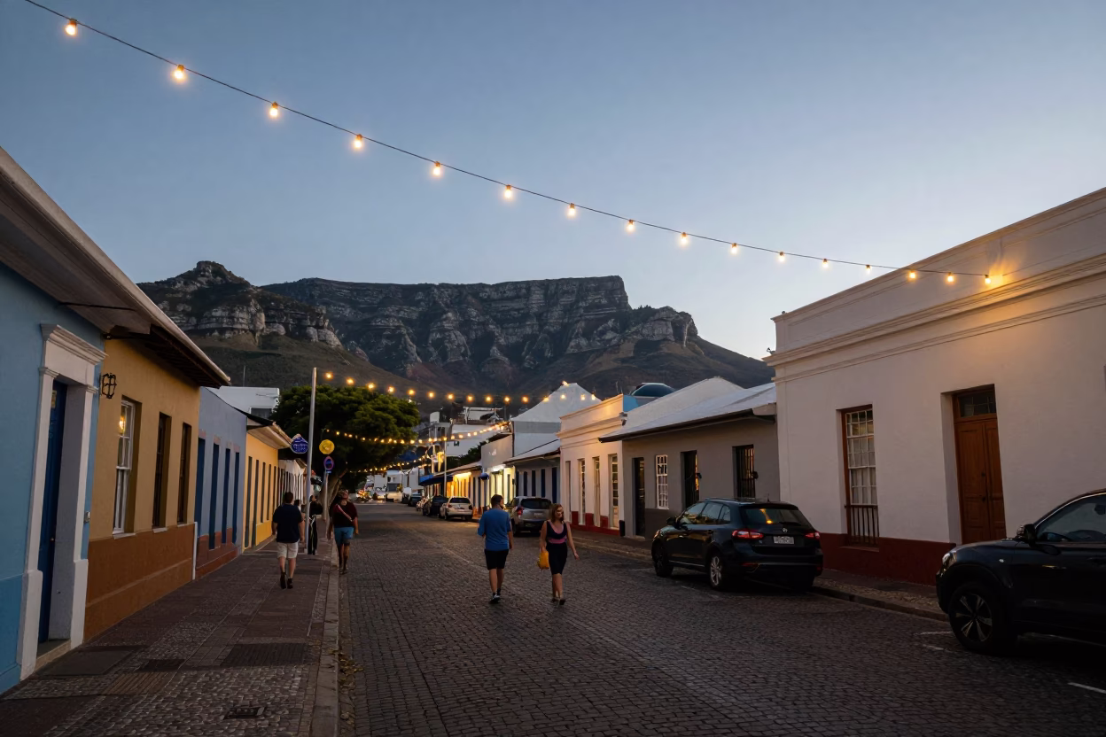 Cape Town Early Evening Street Scene with String Lights and Urban Details in in Cape Town, South Africa