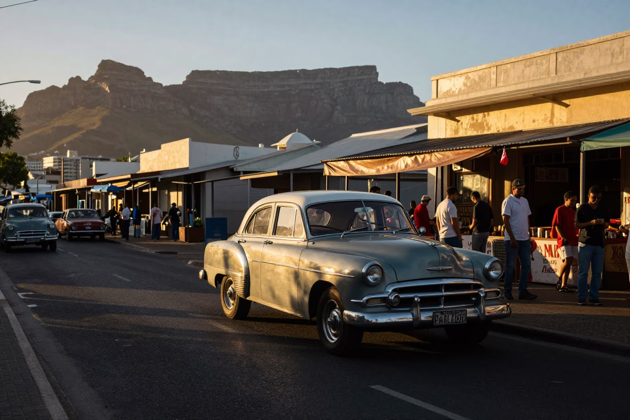 Cape Town Early Evening Street Scene with Vintage Car and Local Market Stall in in Cape Town, South Africa