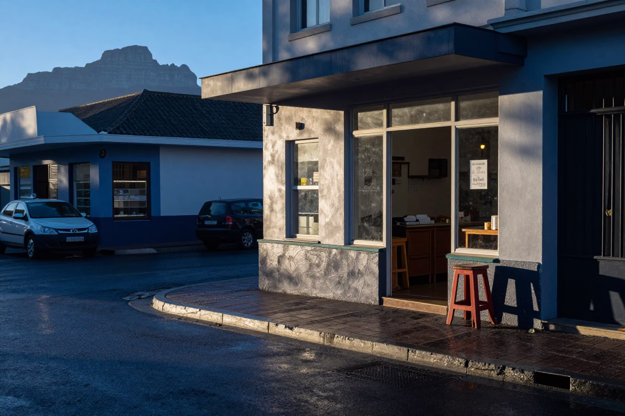 Cape Town Early Morning Street Scene with Work Stool and Chair Outside Shop in in Cape Town, South Africa