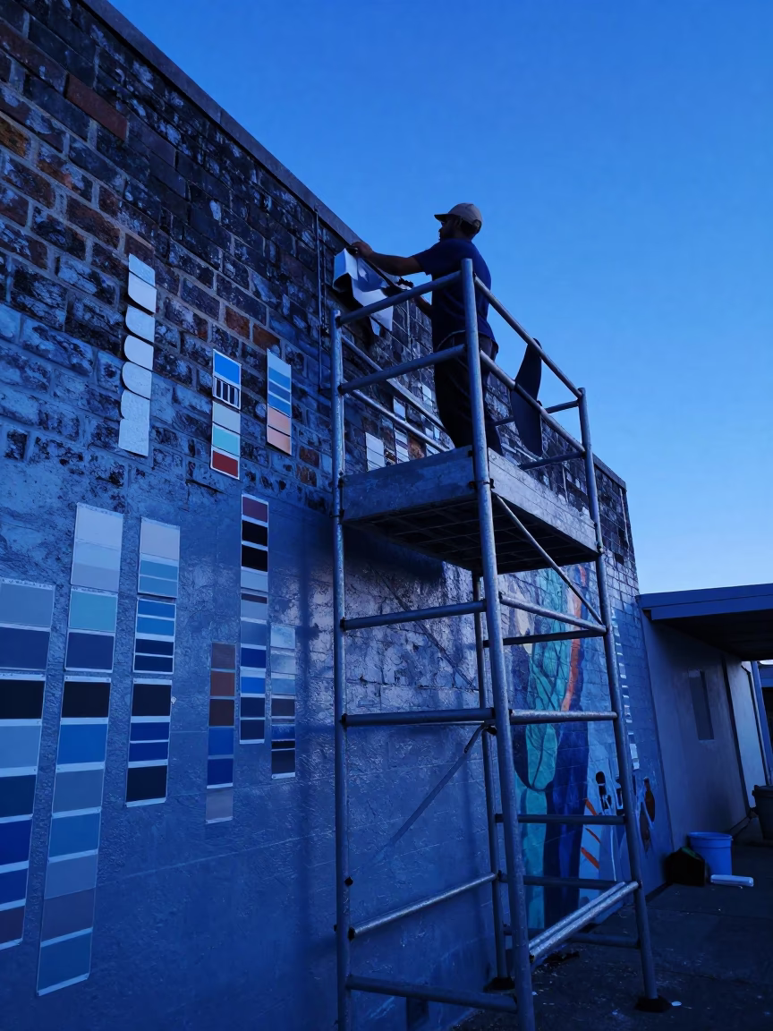 Cape Town Evening Blue Hour Muralist Painting Sample Swatches on Scaffold Platform in in Cape Town, South Africa
