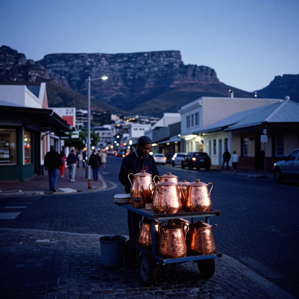 Cape Town Evening Blue Hour Street Scene with Copper Pots and Palm Berries in in Cape Town, South Africa