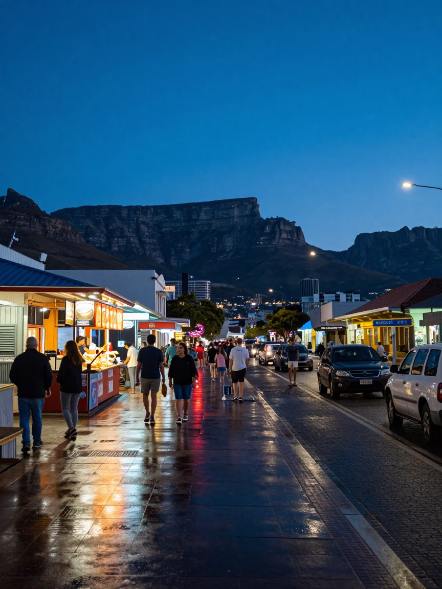 Cape Town Evening Blue Hour Street Scene with Local Food and Water Bottle in in Cape Town, South Africa