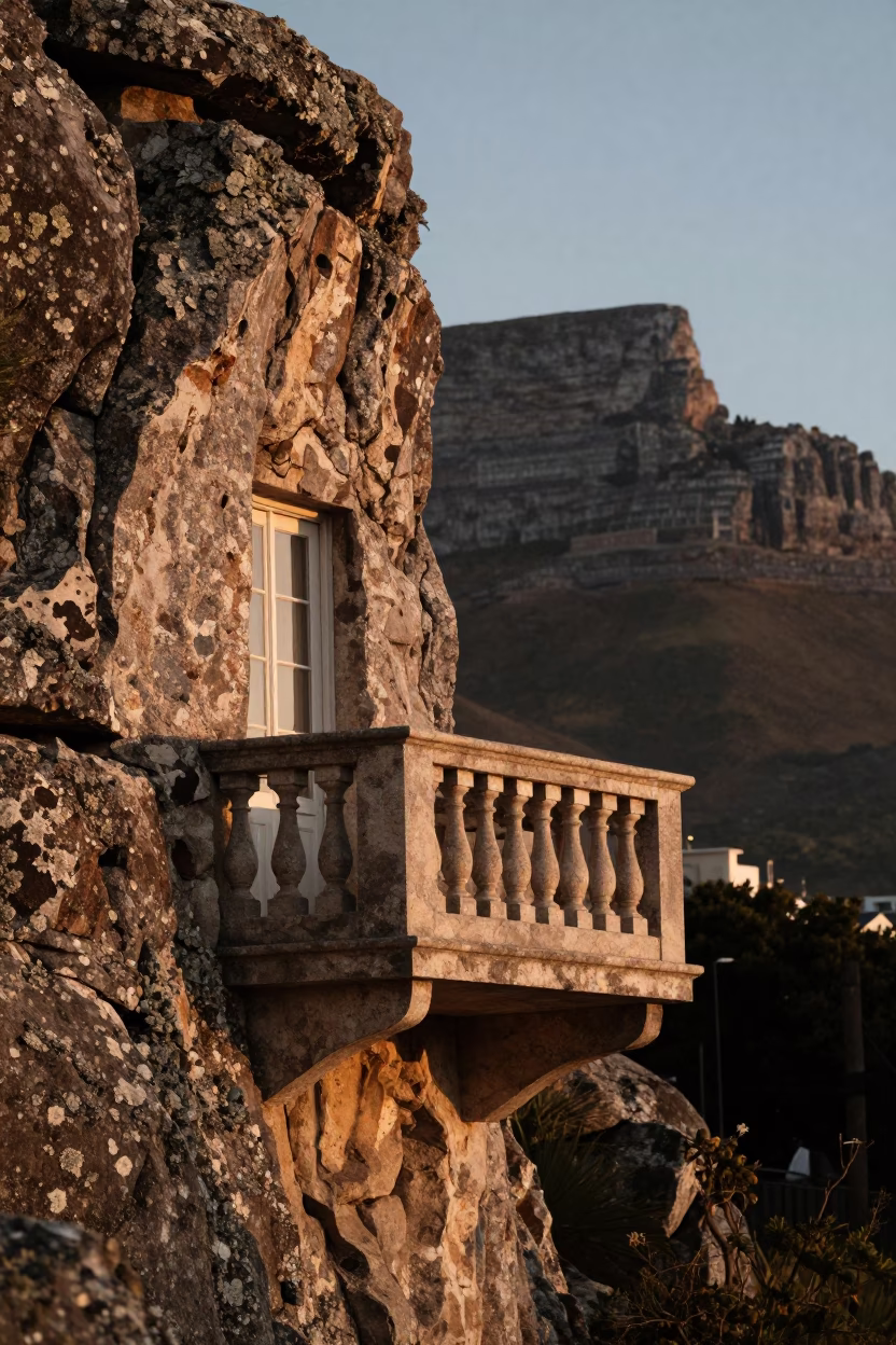 Cape Town Evening Light on Balcony with Lichen Covered Rock and Linen Fringe Detail in in Cape Town, South Africa