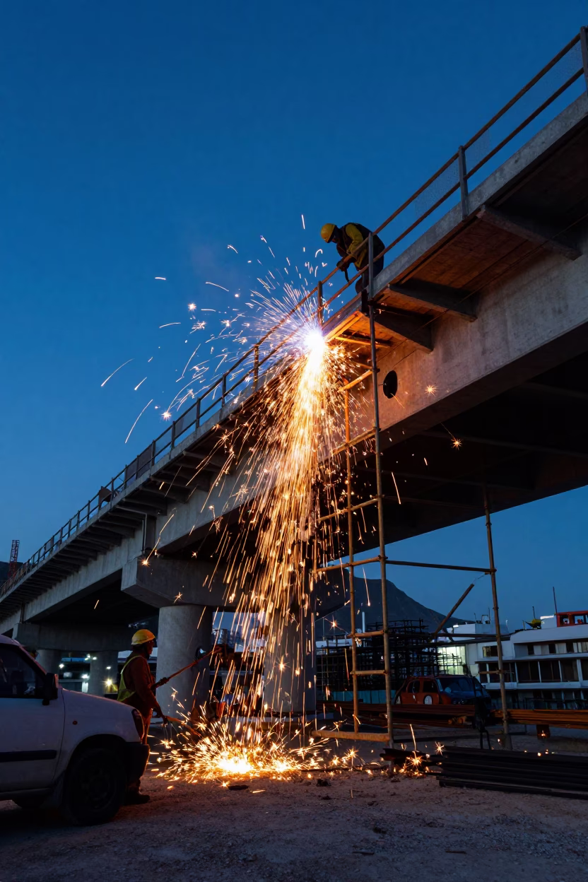 Cape Town Evening Light with Welding Sparks Under Bridge Construction Platform in in Cape Town, South Africa