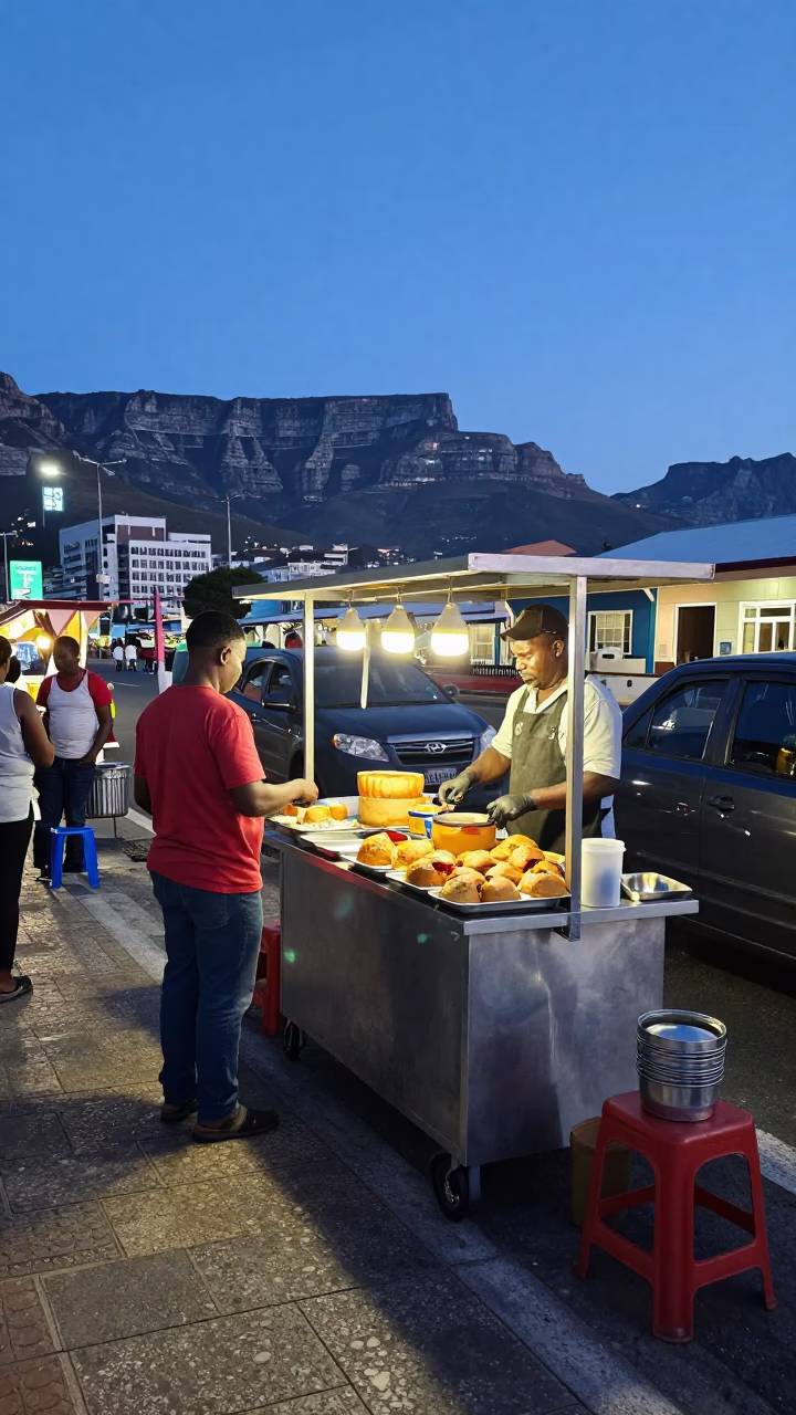Cape Town evening street food scene with bunny chow and spindle chair in in Cape Town, South Africa