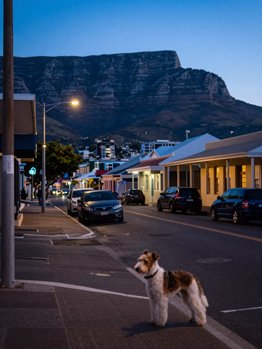 Cape Town Evening Street Scene with Bedlington Terrier and Local Dining in in Cape Town, South Africa