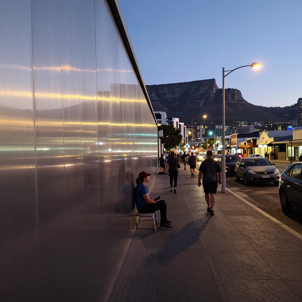 Cape Town evening street scene with brushed steel wall and night light in in Cape Town, South Africa