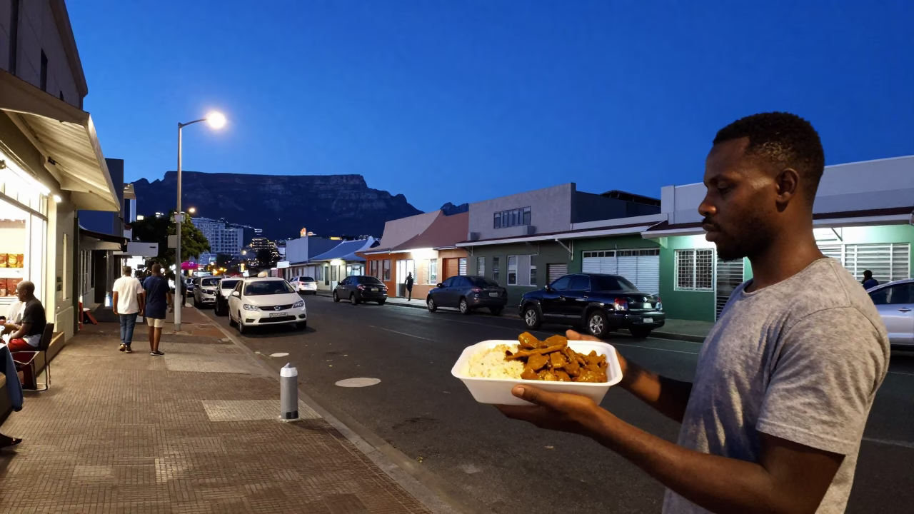 Cape Town Evening Street Scene with Bunny Chow Curry and Local Life in in Cape Town, South Africa