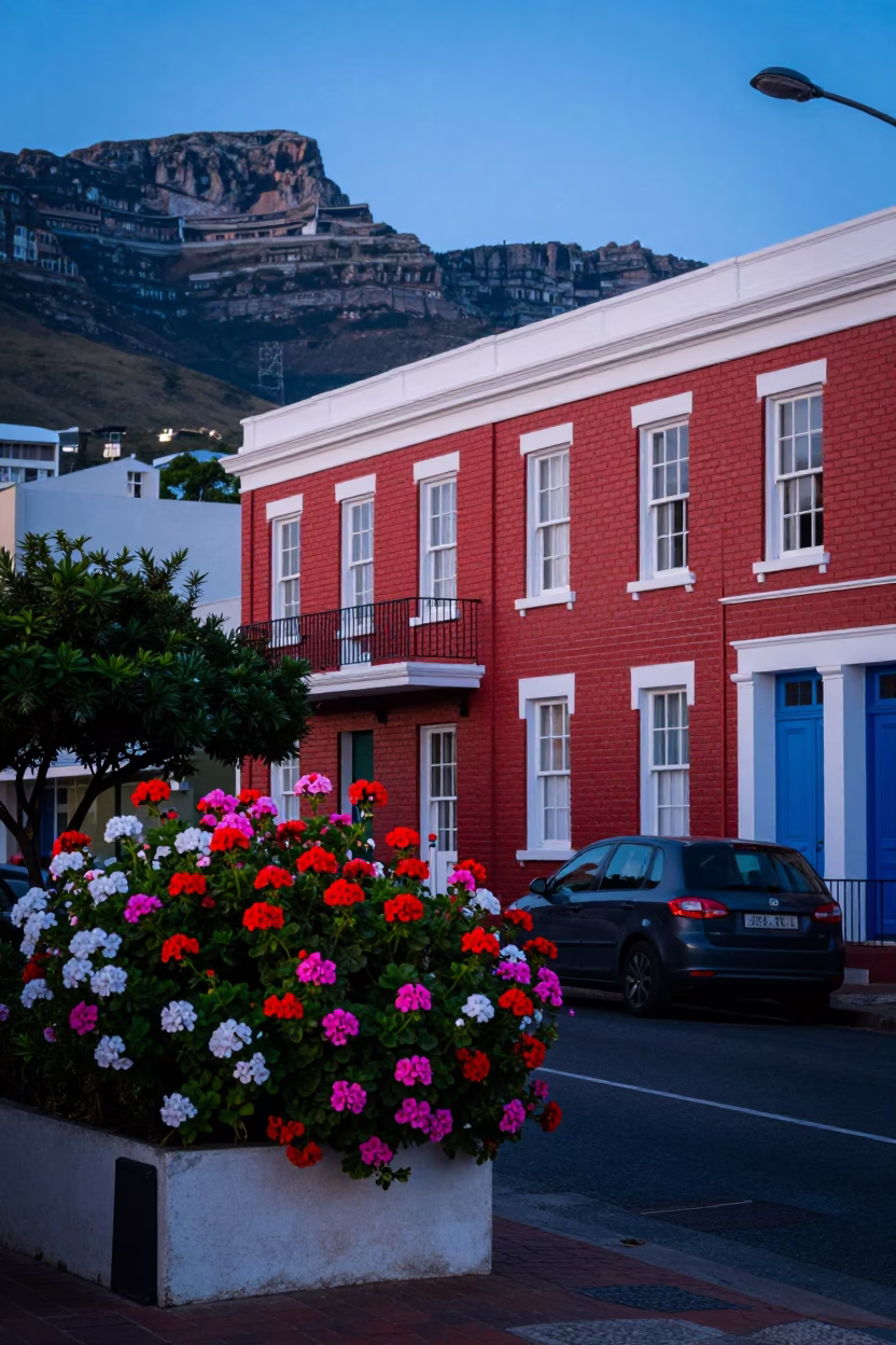 Cape Town Evening Street Scene with Colorful Geraniums and Local Architecture in in Cape Town, South Africa
