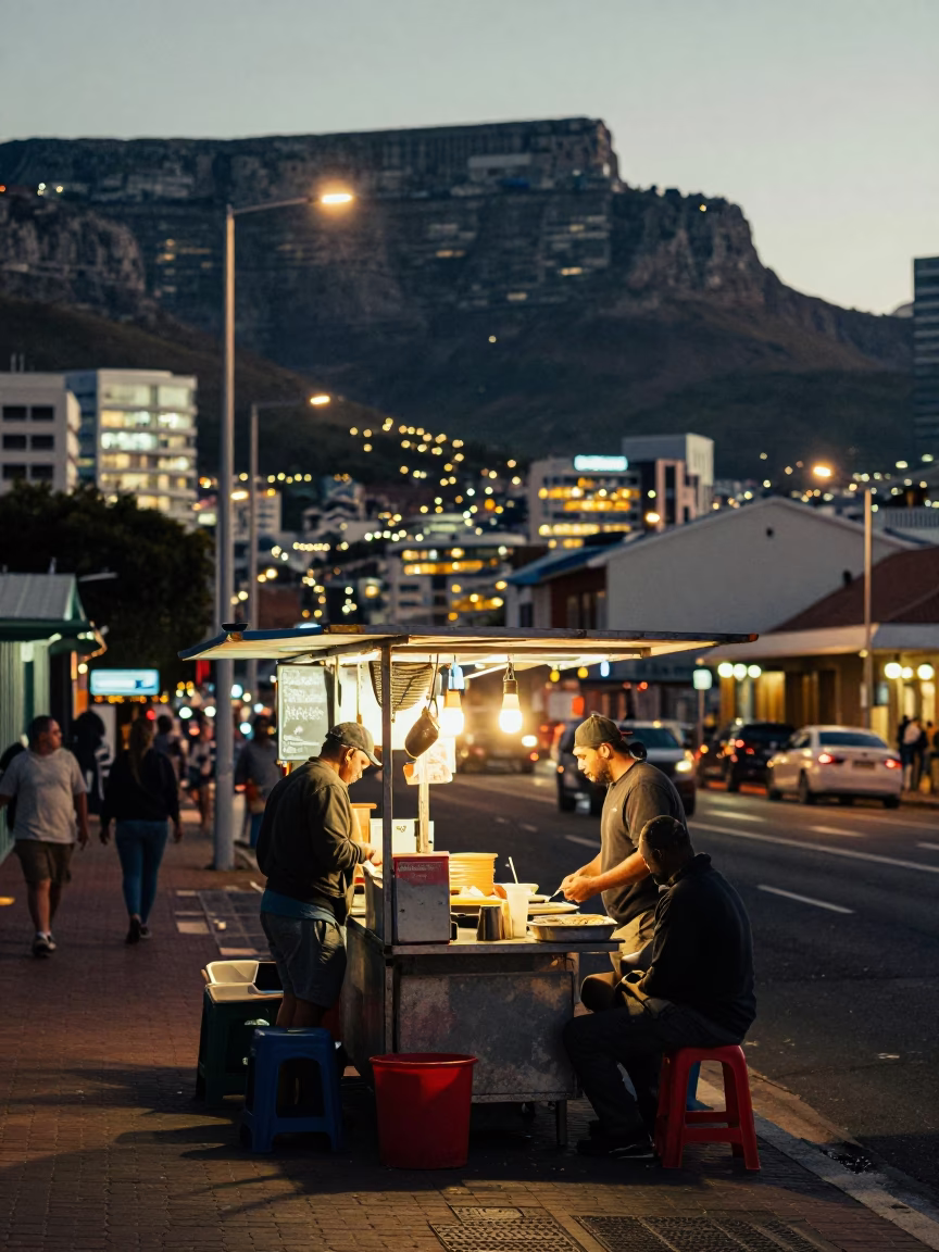 Cape Town Evening Street Scene with Food Stall and Local Life in in Cape Town, South Africa
