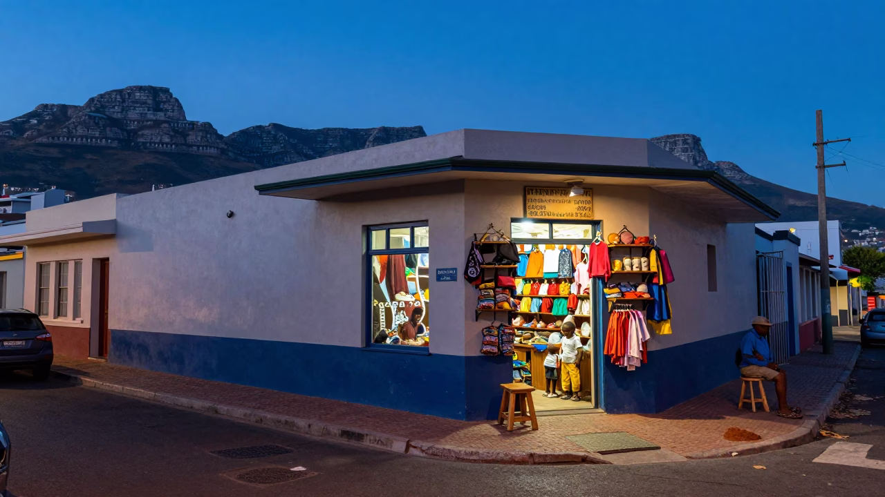 Cape Town Evening Street Scene with Local Shopkeeper and Clay Pots in in Cape Town, South Africa