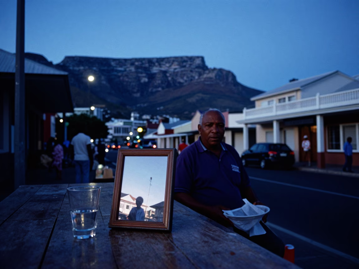 Cape Town Evening Street Scene with Local Vendor and Glass Display in in Cape Town, South Africa