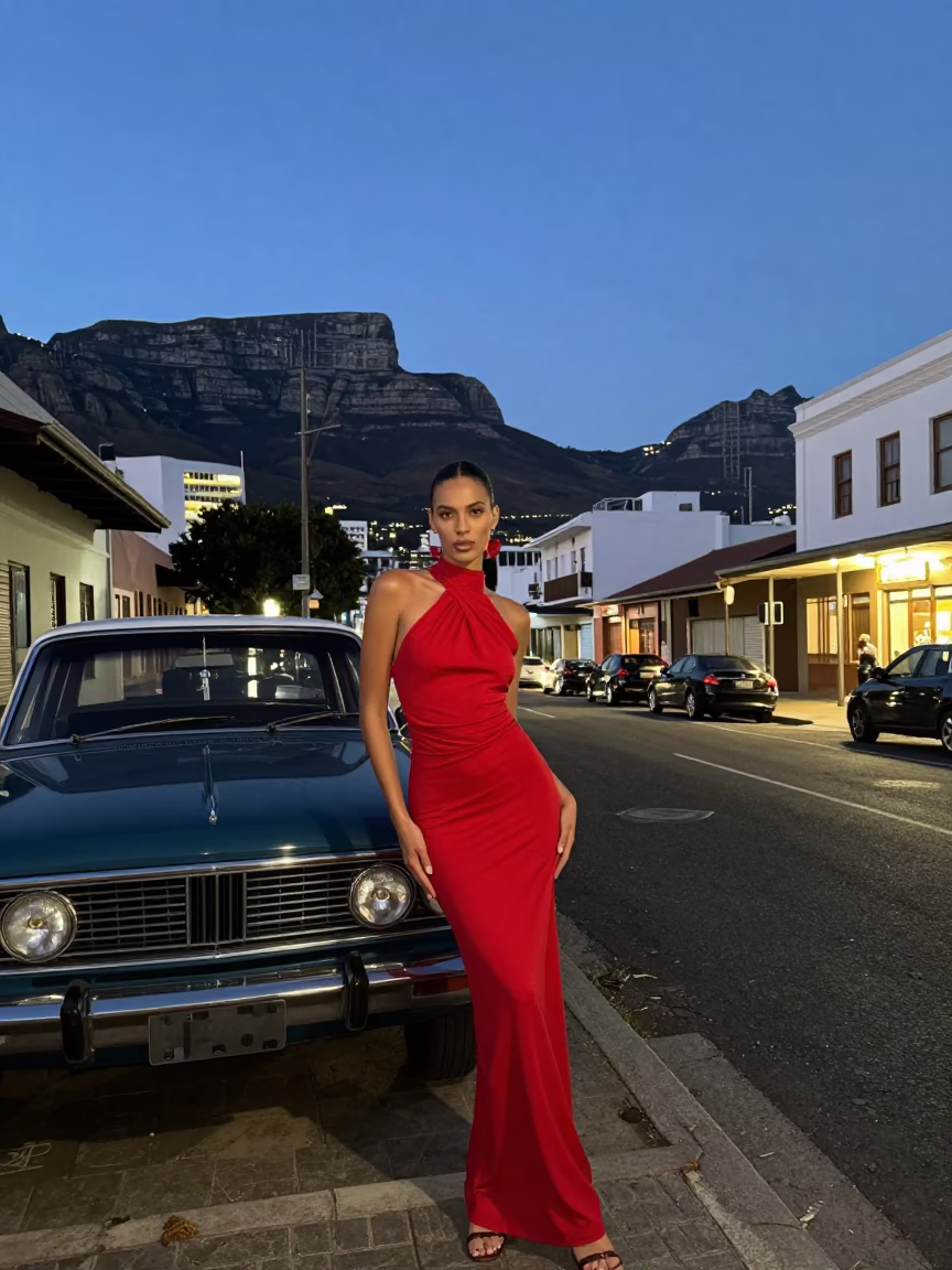 Cape Town Evening Street Scene with Model and Vintage Car in in Cape Town, South Africa