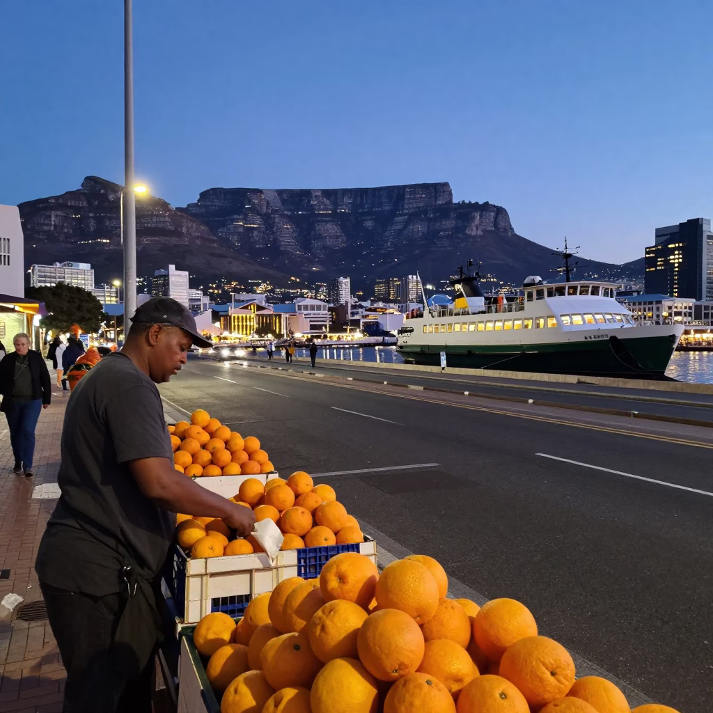 Cape Town Evening Street Scene with Oranges and Harbor Ferry Lights in in Cape Town, South Africa