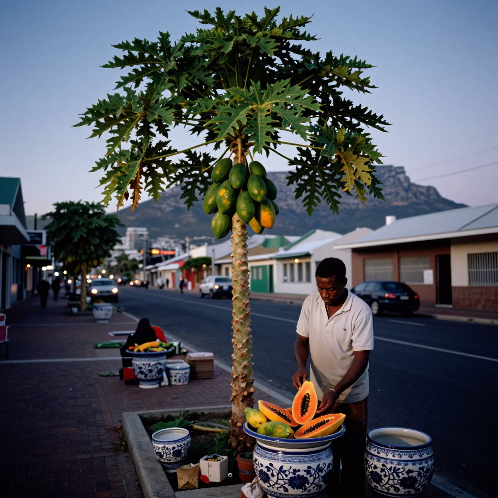 Cape Town Evening Street Scene with Papaya Tree and Ceramic Bowl in in Cape Town, South Africa