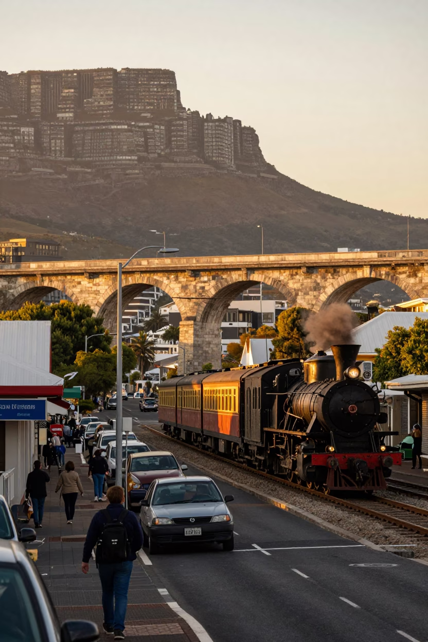 Cape Town Evening Street Scene with Railway Viaduct and Local Life in in Cape Town, South Africa