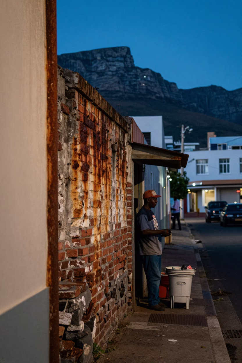 Cape Town Evening Street Scene with Rusty Doorframe and Local Interaction in in Cape Town, South Africa