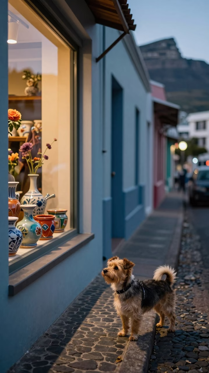 Cape Town Evening Street Scene with Small Dog and Local Details in in Cape Town, South Africa