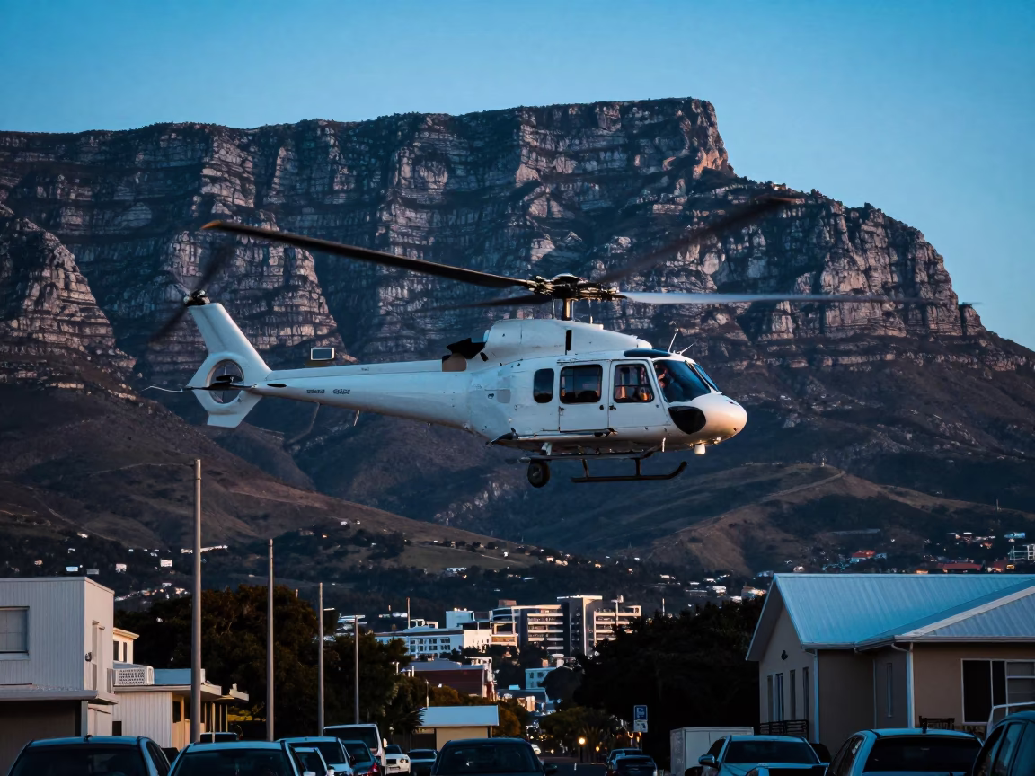 Cape Town Evening Street Scene with Supply Helicopter Over Mountains in Blue Light in in Cape Town, South Africa