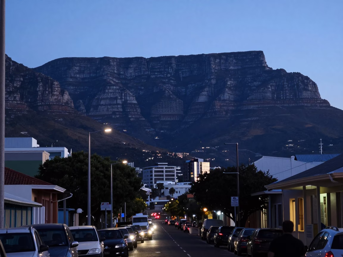 Cape Town Evening Street Scene with Table Mountain and Local Traffic in Blue Hour in in Cape Town, South Africa