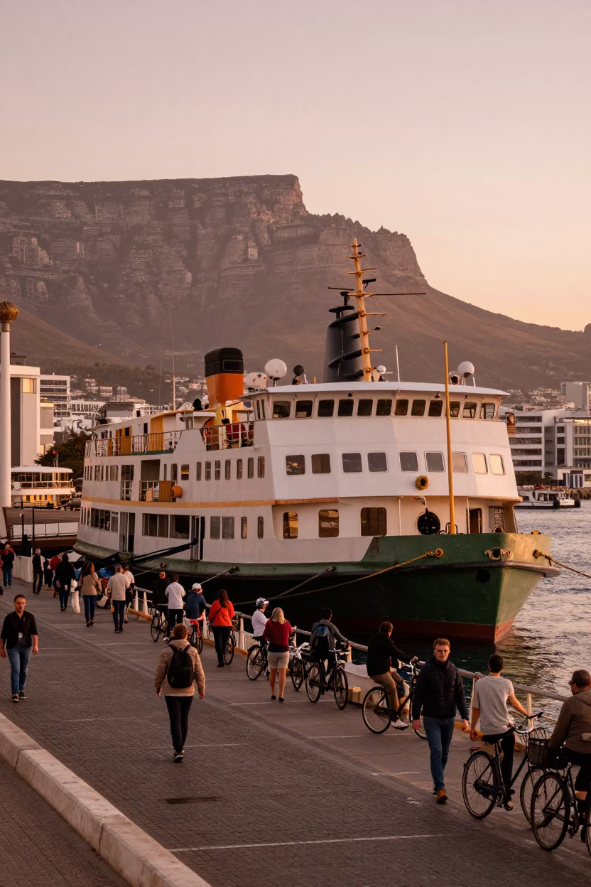 Cape Town Ferry Loading Passengers and Bicycles at Dusk with Copper Light in in Cape Town, South Africa