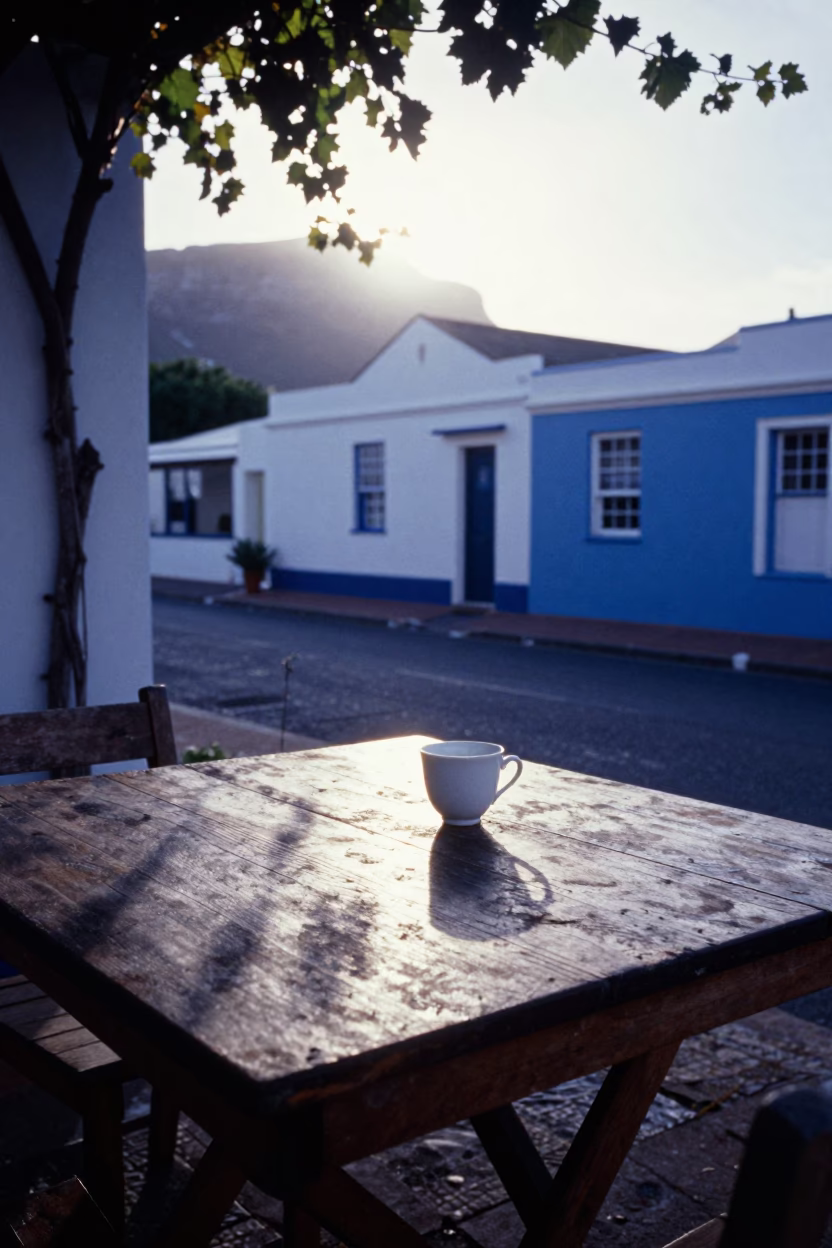 Cape Town First Light Street Scene with Blue and White Porcelain and Leaf Shadows in in Cape Town, South Africa