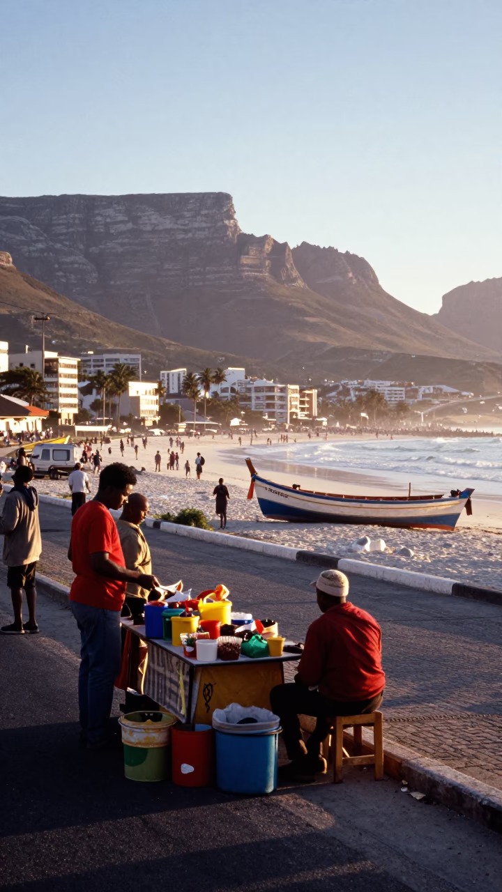 Cape Town first light street scene with local vendor and traditional boat in in Cape Town, South Africa