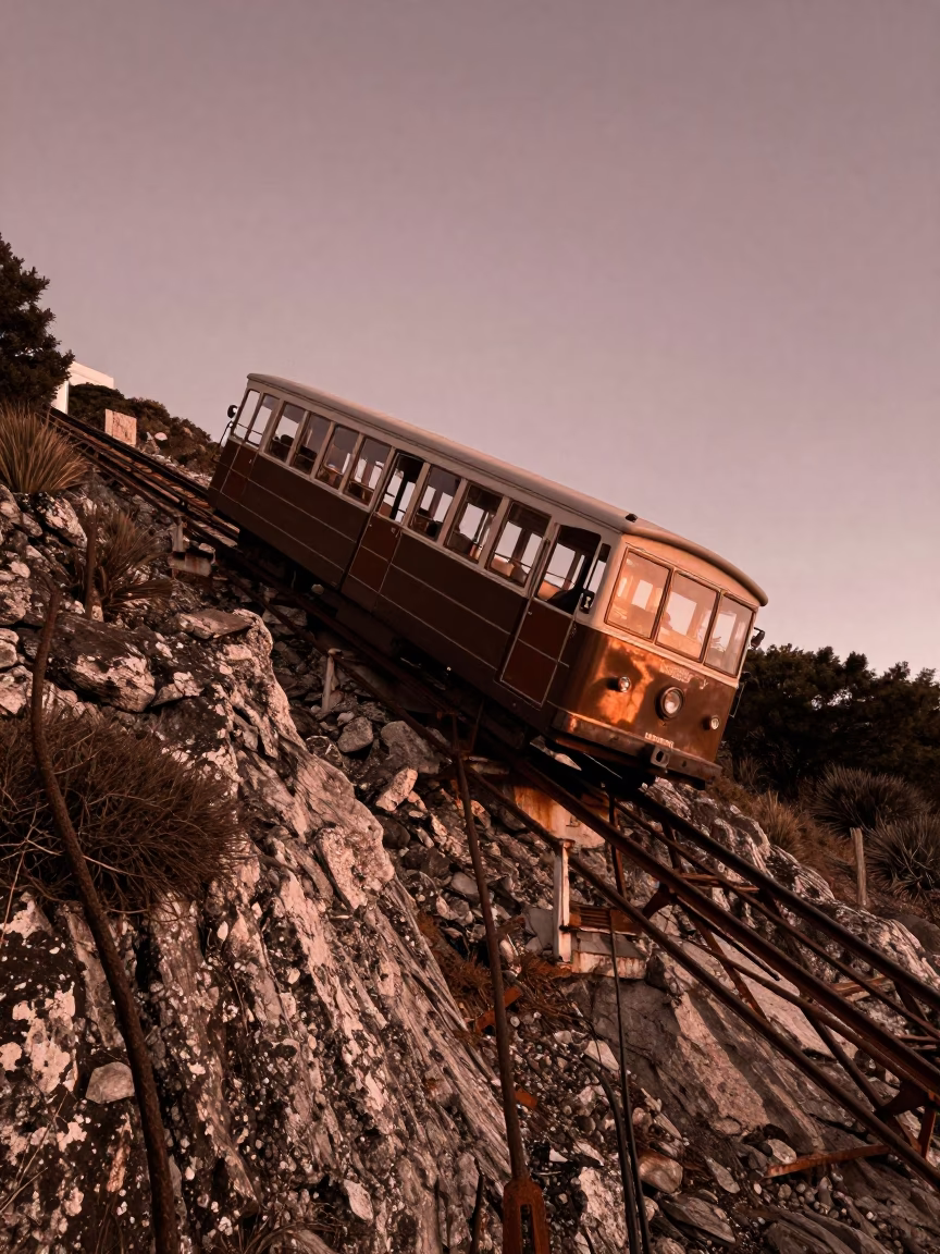 Cape Town Funicular Railway Climbing Steep Hill in Copper Toned Light Before Dusk in in Cape Town, South Africa