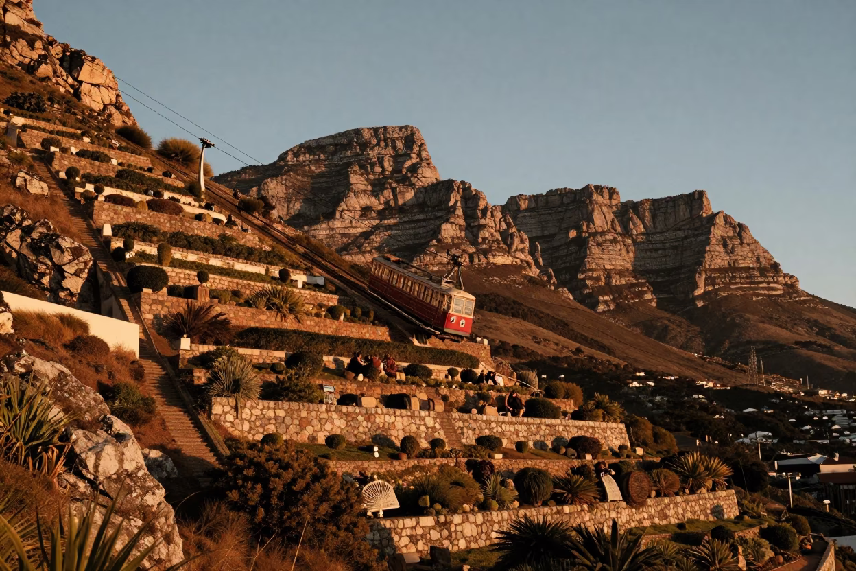 Cape Town Funicular Rising Through Steep Terraced Gardens in Honeyed Evening Light in in Cape Town, South Africa