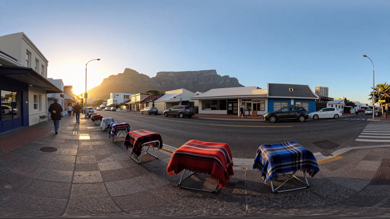 Cape Town Golden Hour Street Scene with Blankets and Folding Stools in in Cape Town, South Africa