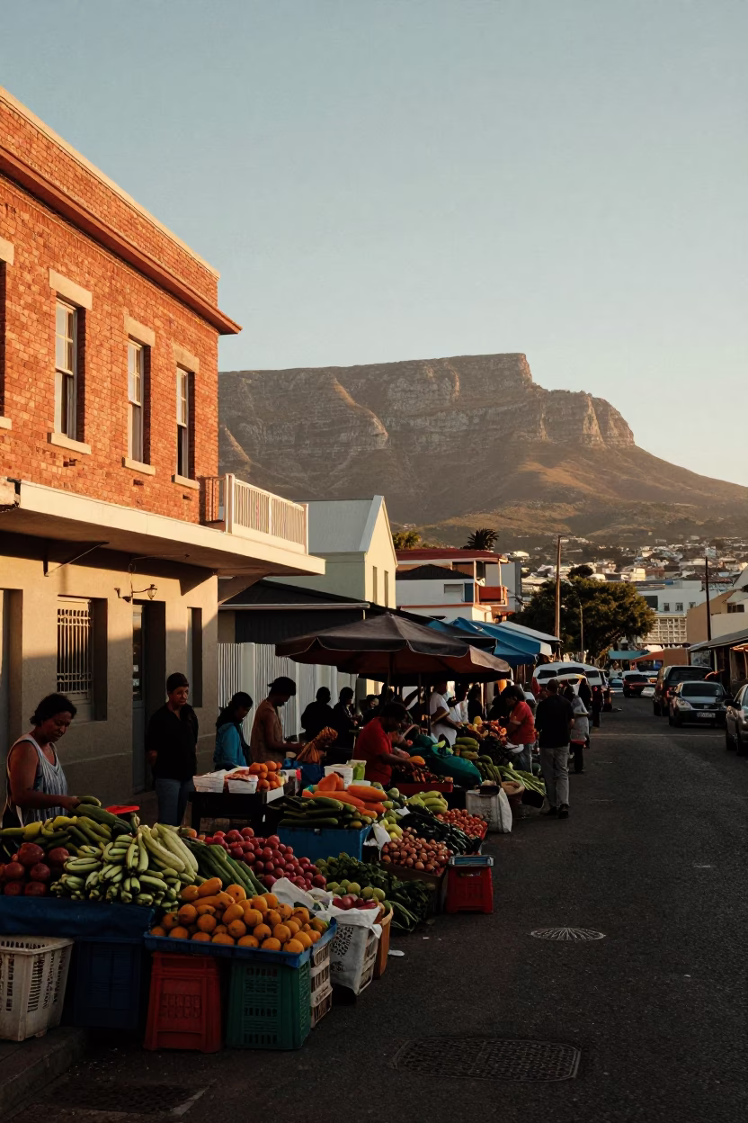 Cape Town Golden Hour Street Scene with Colorful Market Produce and Local Interaction in in Cape Town, South Africa