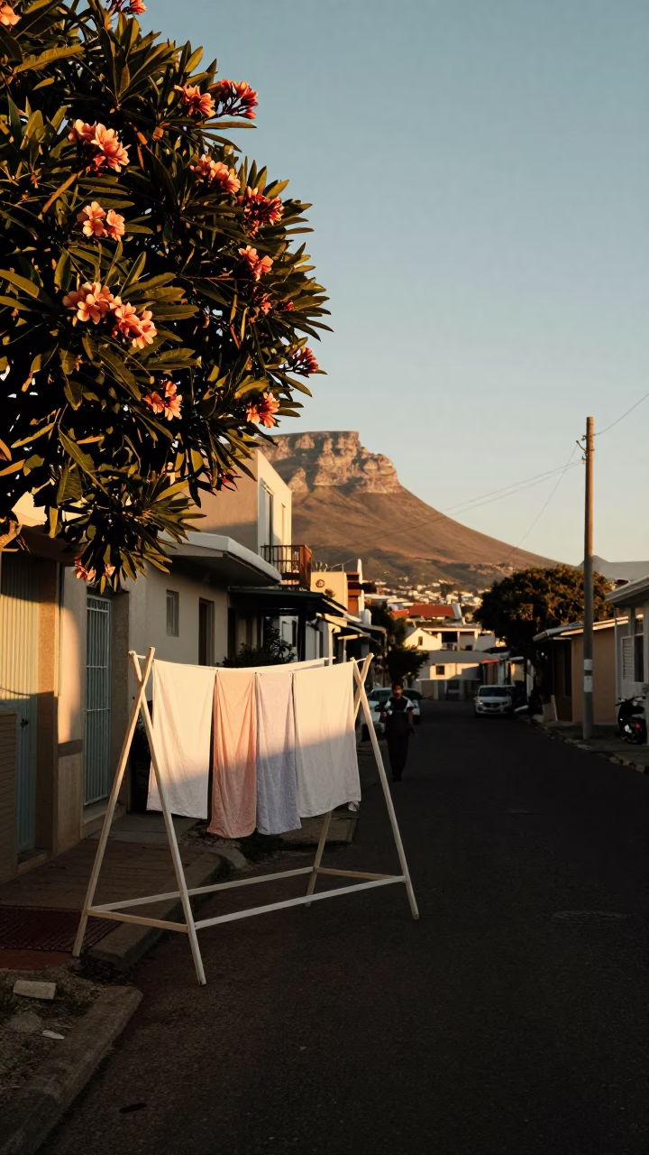 Cape Town Golden Hour Street Scene with Drying Laundry and Frangipani Flowers in in Cape Town, South Africa
