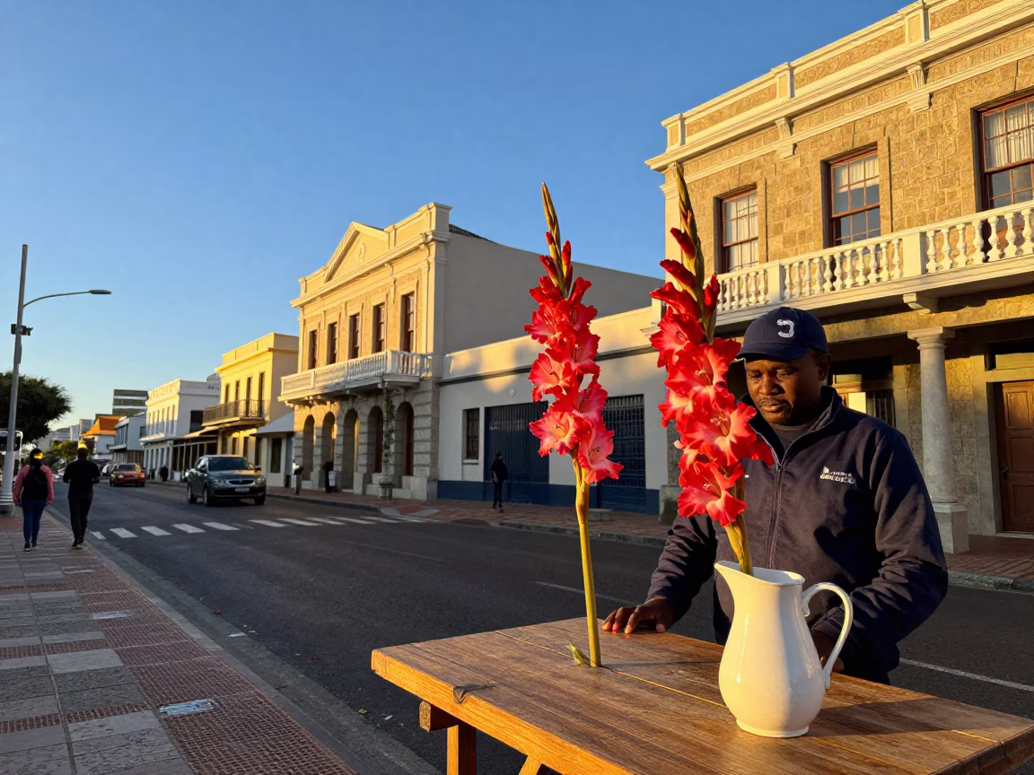 Cape Town Golden Hour Street Scene with Gladiolus Spike and Pitcher in in Cape Town, South Africa