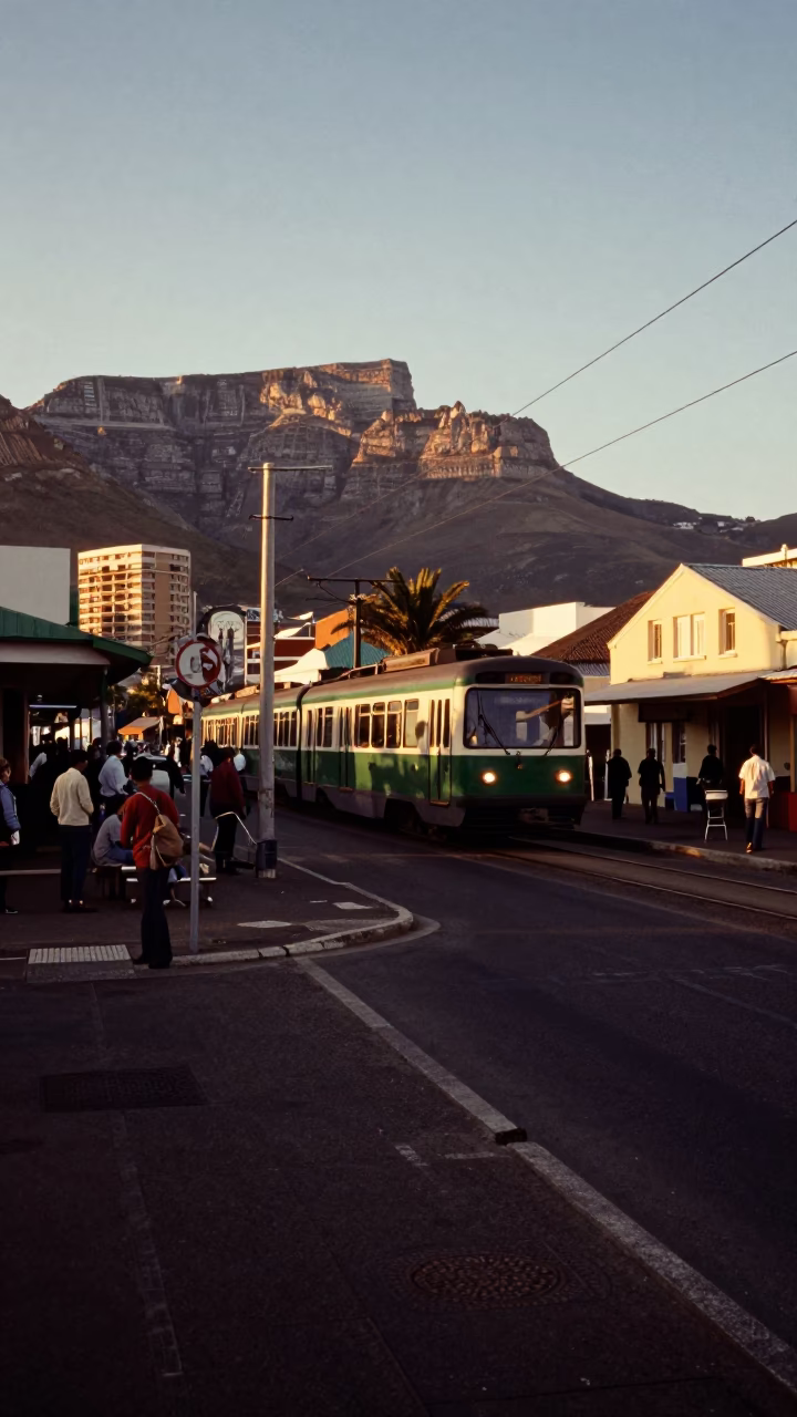 Cape Town Golden Hour Street Scene with Metro Train and Local Life in in Cape Town, South Africa