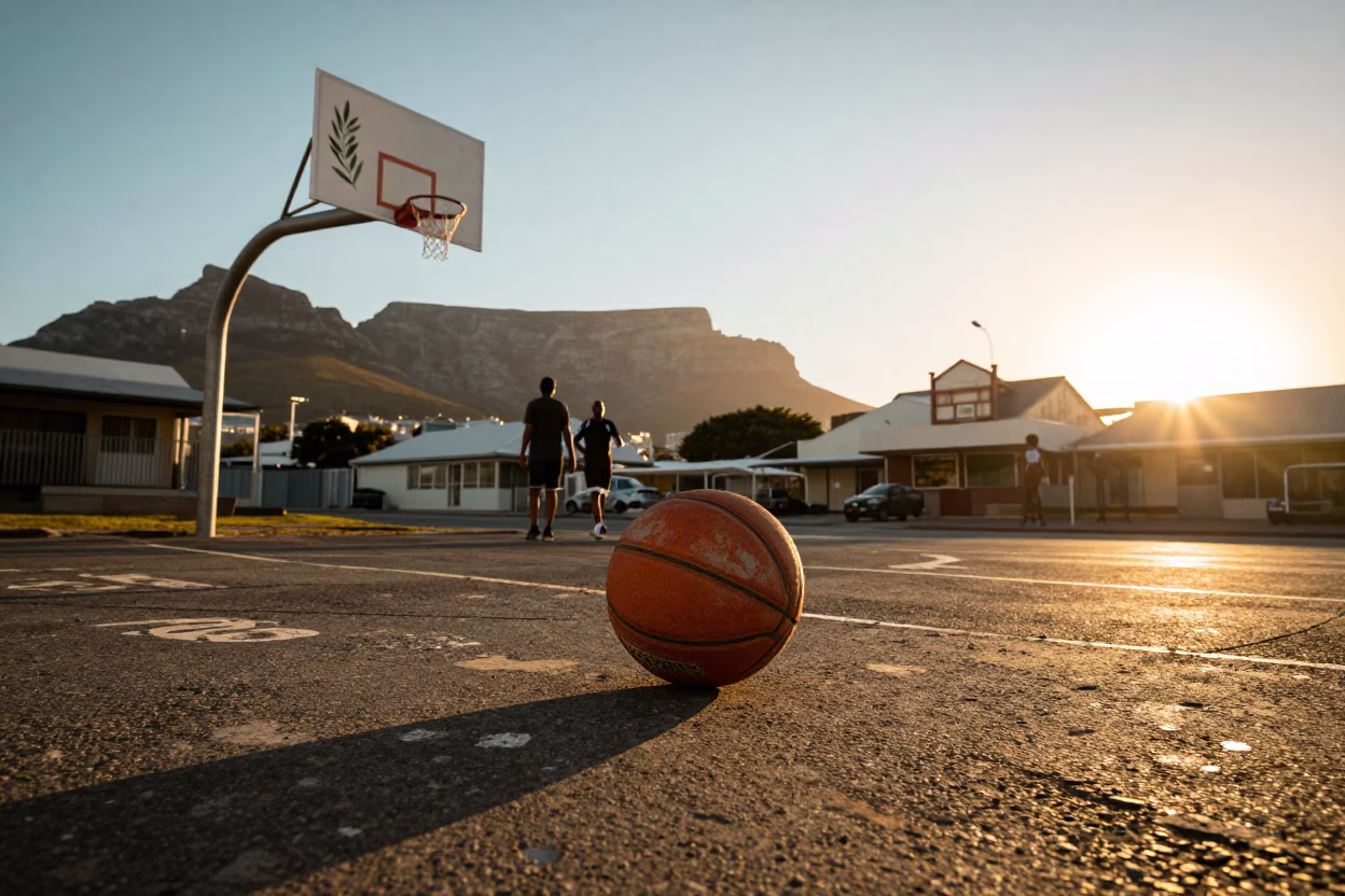 Cape Town Golden Hour Street Scene with Vintage Basketball and Olive Branch in in Cape Town, South Africa